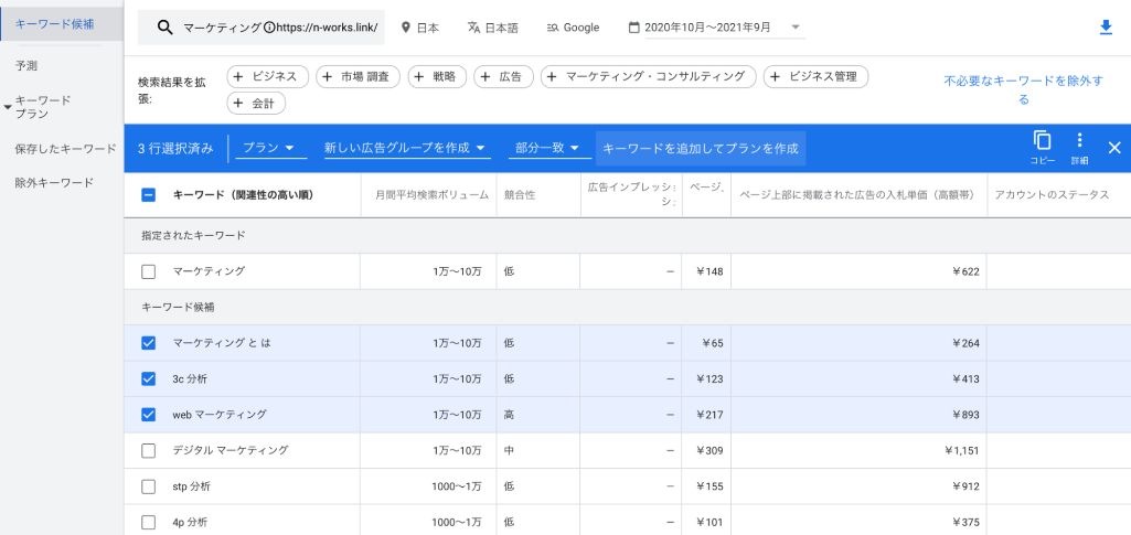 キーワードプランナー_キーワードを追加
